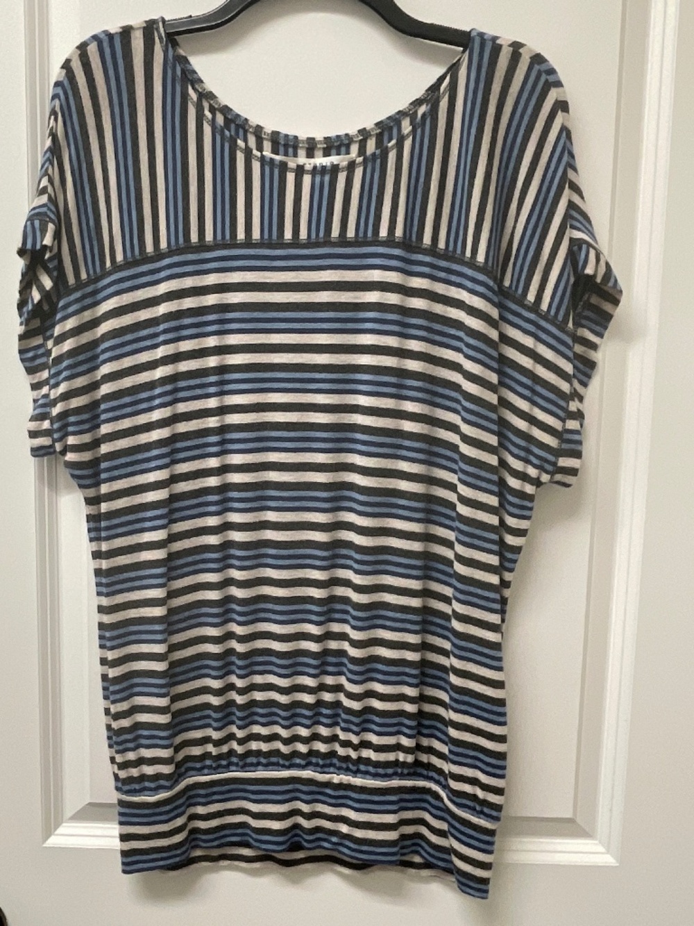 Max Studio Shirt Top Tee Womens Short Sleeve Stripe Blue Tan Gray Stretch